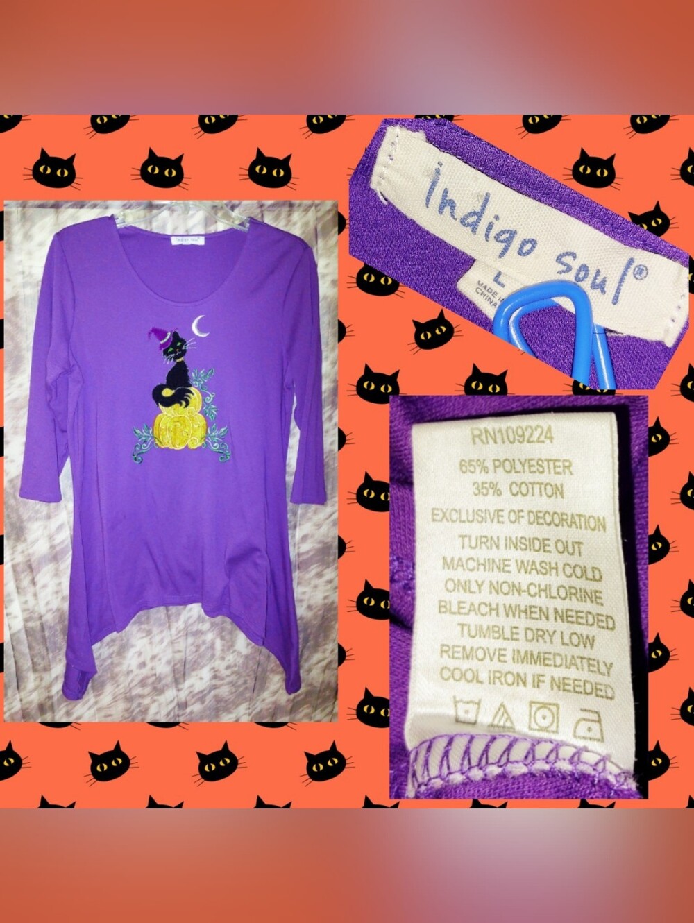 Indigo Soul Purple/Multiclr Halloween Embroidered Sharkbite Knit Tunic Top Sz L